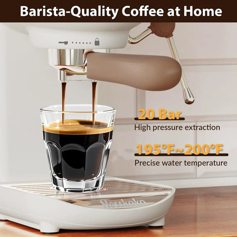Compact Semi Automatic Espresso Machine With 20 Bar Pressure pouring a shot of espresso into a glass.