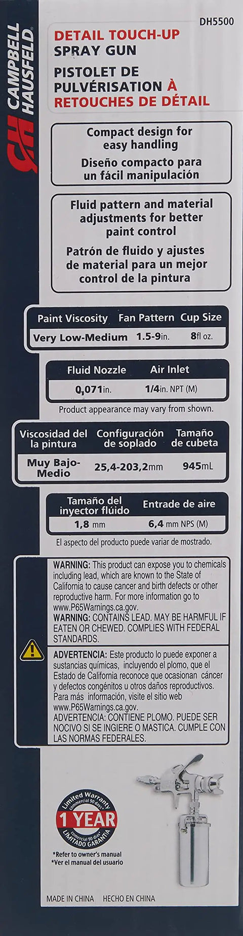 Instruction label for HVLP Paint Sprayer Gun With Pattern And Fluid Control, featuring settings and features in multiple languages.