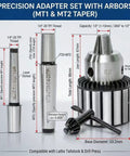 Gotta Love This Bad Boy Jt33 To Mt1 And Mt2 Drill Press Chuck Adapter Set With Bonus Chuck Key shown with dimensions and specifications.