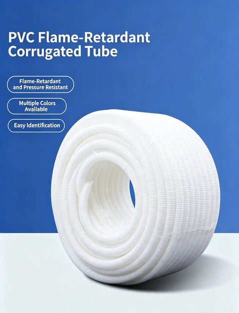 Top Shelf Heavy Duty Pvc Corrugated Industrial Electrical Conduit Flexible Wire Cable Protector Tube With Flame Retardant Coating rolled up on blue background.