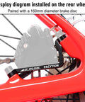 Disc Brake Adapter 160mm For Front And Rear Calipers installed on rear wheel with 160mm rotor on red bike frame.