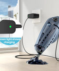 Replacement Charger Cord For Cordless Pool Vacuum Systems, device charging with plug and play power adapter, green light on.