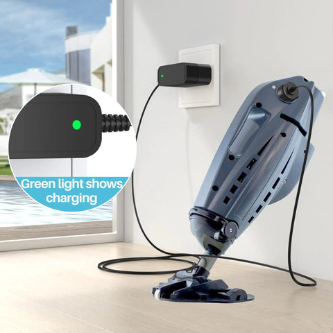 Replacement Charger Cord For Cordless Pool Vacuum Systems, device charging with plug and play power adapter, green light on.