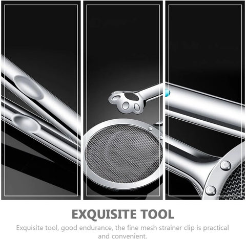 Stainless steel oil strainer clamp with circular mesh filter and claw design handle for cooking and frying