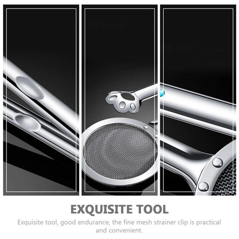 Stainless steel oil strainer clamp with mesh filter and claw design, three-panel close-up views.