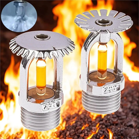 Premium Concealed Fire Sprinkler Head Pendent Mount 57 Degree Activation on background of flames, chrome finish with glass bulb.