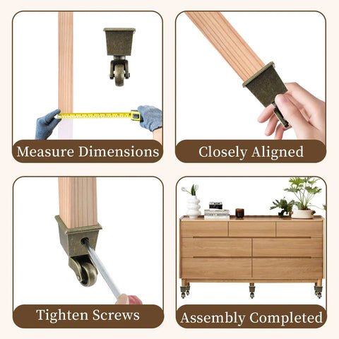 Four Pack Retro Bronze Square Base Caster Wheels With Heavy Duty Silent Ball Bearings And Ridiculously Smooth 360 Mobility So Your Furniture Rolls Like A Champ assembly steps, measuring, tightening screws, completed assembly.