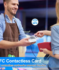 Person using NFC contactless card reader for payment at a counter