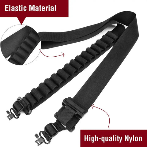 Shotgun Sling With 15 Shell Holder for 12 Gauge, black nylon strap with elastic loops, adjustable swivels for outdoors.