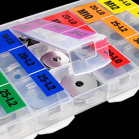 Stainless Steel Washers Set 280 Pieces 18 Sizes From M3 To M12 304 Pro Grade Heavy Duty Flat Washers For Screws And Bolts Includes Snap Lock Storage Box With Color Coded Labels For Easy Access And Even Load Distribution