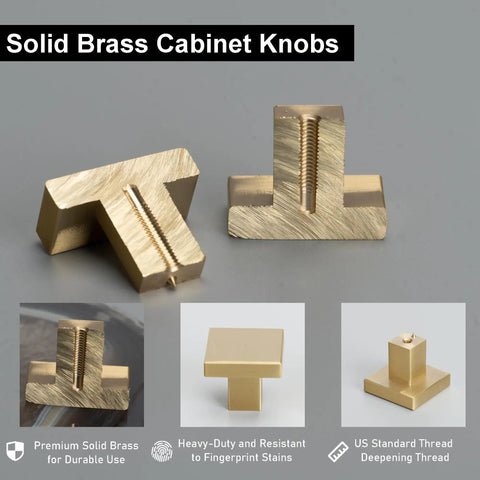 Solid Brass Square Cabinet Knobs In Brushed Gold Finish Five Pack for kitchen cabinets, shown with threaded base and brass texture.