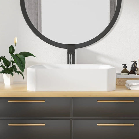 Rectangle Bathroom Vessel Sink 19 By 14 Inches Porcelain Ceramic White Above Counter Vanity Sink For Cabinets Lavatory Hotel And Home Modern Minimalist Basin With Smooth Glaze Easy To Clean And Lasting Glam on wooden vanity with round mirror