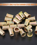 100Pcs M8 Rivet Nuts Kit Zinc Plated Carbon Steel Flat Head Threaded Inserts For Furniture And Dyi Projects Easy Install Heavy Duty Nutserts Rivnuts For Metal And Wood Repair displayed on table.