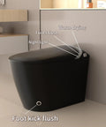 Slick Black Smart Toilet With Built In Bidet And Heated Seat Offering Pre Wet Rinse And Adjustable Warm Water Streams For A Legit Top Shelf Fresh Setup Straight Up with night light and foot kick flush features.