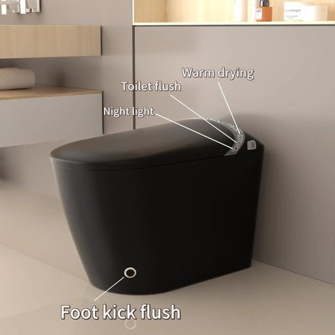 Slick Black Smart Toilet With Built In Bidet And Heated Seat Offering Pre Wet Rinse And Adjustable Warm Water Streams For A Legit Top Shelf Fresh Setup Straight Up with night light and foot kick flush features.