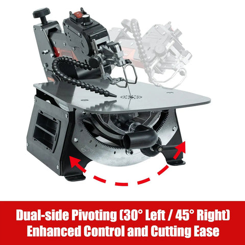 Side view of 16 Inch Variable Speed Scroll Saw with Pinless Blades, dual-side pivoting feature, 1.3A Motor, black design