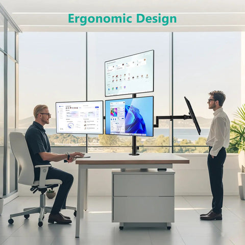 Kick Up Your Desk Game With This Stacked Quad Monitor Mount For 13 To 27 Inch Led Lcd Screens Holding 22 Pounds Per Arm And Keeping Things Clean A Real Space Saving Flex Right Now, showing ergonomic design with four monitors.