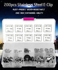 E Clip Assortment Kit 200 Pieces Stainless Steel Retaining Rings M1.5 Through M10 in storage box