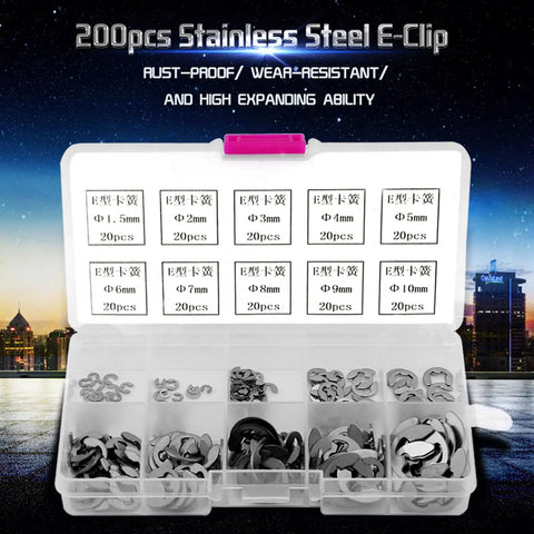 E Clip Assortment Kit 200 Pieces Stainless Steel Retaining Rings M1.5 Through M10 in storage box