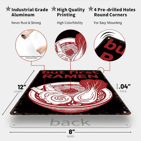Funny Vintage Metal Sign But First Ramen Tin Wall Art 8x12 Inches, detailed view of ramen design with pre-drilled holes