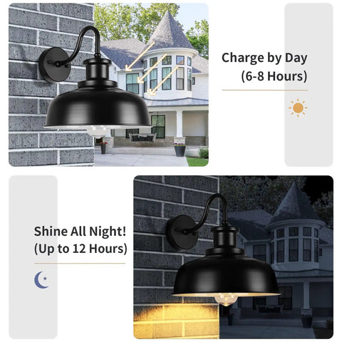 Solar Barn Light For Outdoor Use Dusk To Dawn Outdoor Wall Sconce With Solar Power No Wiring Hassle Rustic Industrial Exterior Lighting For Garage Shed Farmhouse Look shown installed on outdoor brick wall.