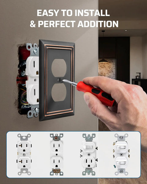 Duplex Wall Plate Set In Aged Bronze Built Tough Heavy Duty Metal Outlet Covers being installed on a wall.