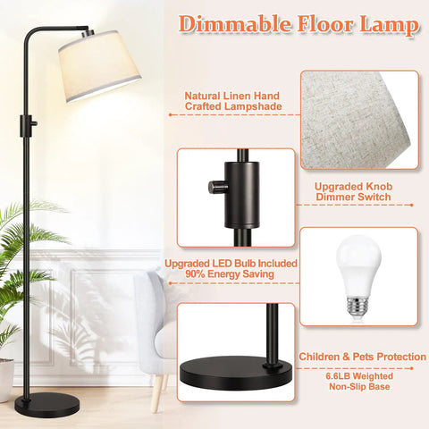 Fully Dimmable Arc Floor Lamp With 1000 Lumens LED Edison Bulb Included Modern Tall Standing Lamp For Living Room Bedroom Office And Dining Area Black Linen Shade And Sleek Contemporary Design