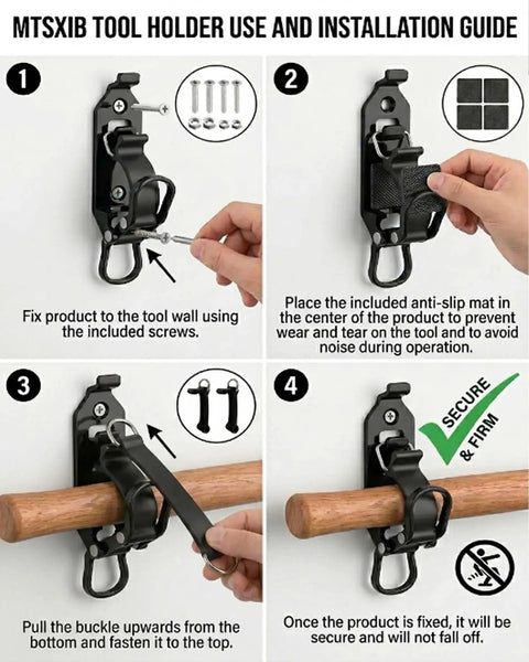 Heavy Duty Metal Rubber Shovel Mount and Axe Holder Kit for Truck Roof Rack installation guide showing steps for secure tool wall mount.