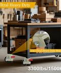 Hella Sturdy Heavy Duty Leveling Casters With Snap Lock Brakes And Smooth Glide Wheels Adjustable Height, under a workbench in use.