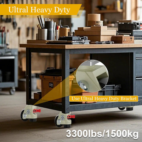 Hella Sturdy Heavy Duty Leveling Casters With Snap Lock Brakes And Smooth Glide Wheels Adjustable Height, under a workbench in use.