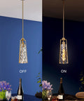 Modern Gold Pendant Lights With Clear Glass Shades Adjustable Hanging Fixtures over dining table, showing on and off mode.