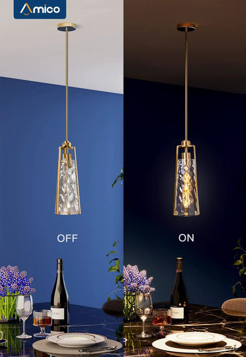 Modern Gold Pendant Lights With Clear Glass Shades Adjustable Hanging Fixtures over dining table, showing on and off mode.