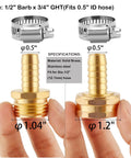 Close-up of Brass Garden Hose Repair Kit 2 Pack with clamps, 1/2 inch barb to 3/4 inch GHT adapters, shown in hand for size reference.