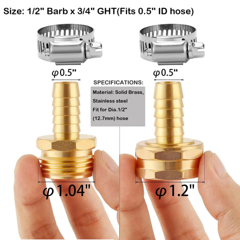 Close-up of Brass Garden Hose Repair Kit 2 Pack with clamps, 1/2 inch barb to 3/4 inch GHT adapters, shown in hand for size reference.