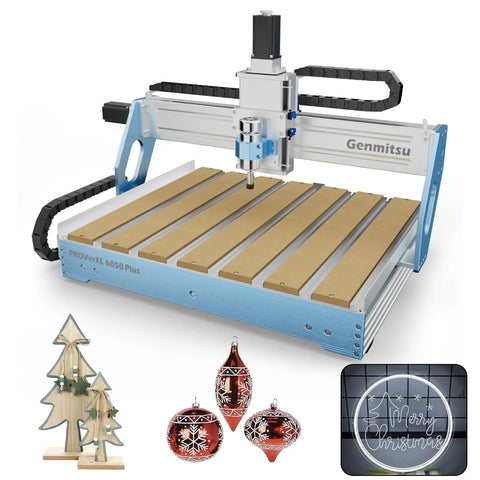 ProVerXL 6050 Plus CNC Router For Metal Wood Acrylic MDF Carving with 300W Spindle and Hybrid Table, shown with decor samples