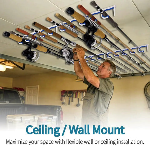 Man installing 2 Pack 5 Slot Fishing Rod Holder Rack Wall Or Ceiling Mount Heavy Duty Organizer in garage for storage