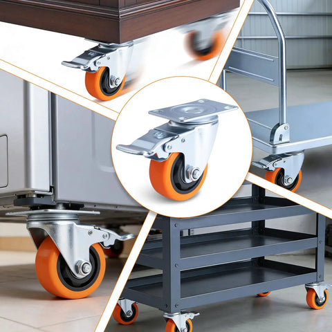 3 Inch Caster Wheels Set of 4 with Brakes, Quiet Polyurethane Casters for Shelves Gates Toolboxes, showing swivel and brakes