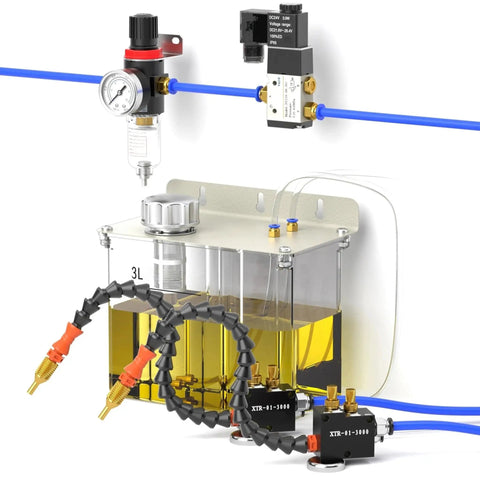 Pro Grade 3L Coolant Lubrication Misting System for CNC Machines with dual sprayer nozzles, solenoid valve, and air filter visible