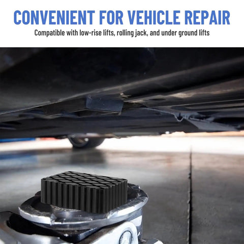 Racewill Solid Rubber Auto Lift Pads For 4 Post Car Aligners Heavy Duty 3000 Lb Capacity under a car for vehicle repair.