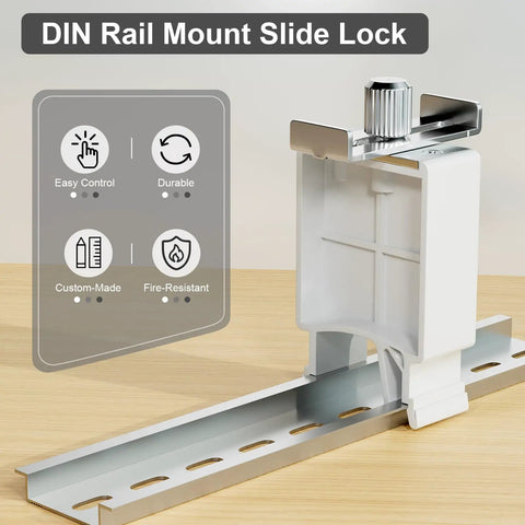 Manual Locking Breaker Device for DIN Rail Mounts, showcasing slide lock mechanism and design for industrial and home use.