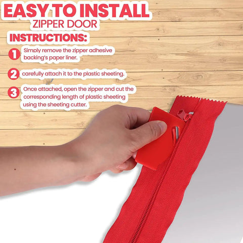 Installing 4 Pack Heavy Duty Dust Protector Zippers Red Self Adhesive Instant Door Zippers on plastic sheeting
