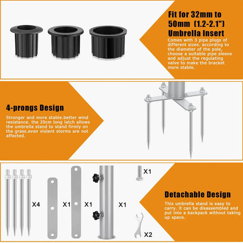 Removable Inground Umbrella Stand Anchor with four spikes, metal construction, fits 1.2 to 2.1 inch poles, rust resistant steel
