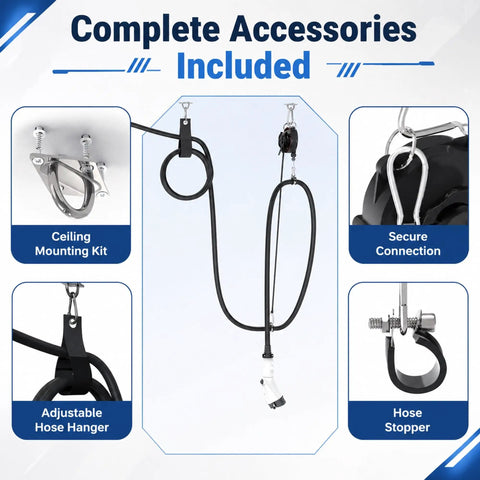 Premium EV Charger Cable Organizer Featuring Slick Retractable Cord Reel For A Clean Garage Vibe Ceiling Or Wall Mount with mounting accessories.