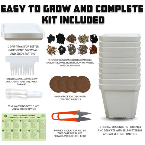 10 Herb Seeds Garden Starter Kit With White Pots Markers Soil Discs Watering Bottle Herb Clipper Mini Pruner and guide