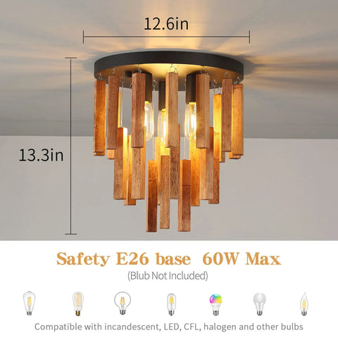 Three Light Boho Rattan Look Wood Ceiling Light Fixture In Oak And Black Finish Semi Flush Mount Farmhouse Chandelier With E26 Base