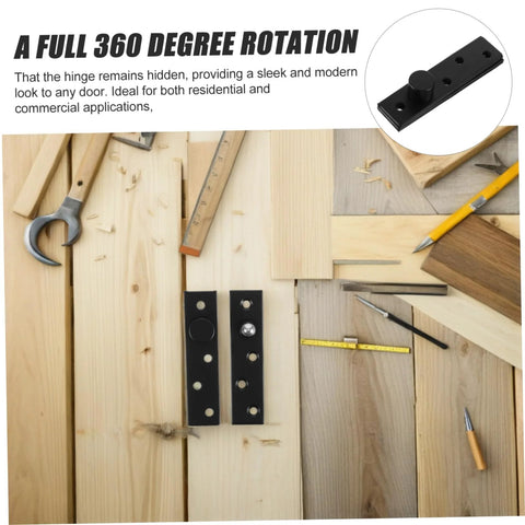 Slick Hidden Door Hinge For Concealed Aesthetics 360 Degree Heavy Duty Stainless Steel Pivot Hinge For Secret Doors And Bookcases shown on wood surface with tools.