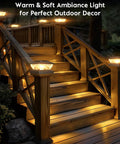 Wooden staircase with Outdoor Solar Post Cap Lights 6 Pack With Two Modes Warm White And Cool White IP65 Waterproof Deck Lighting