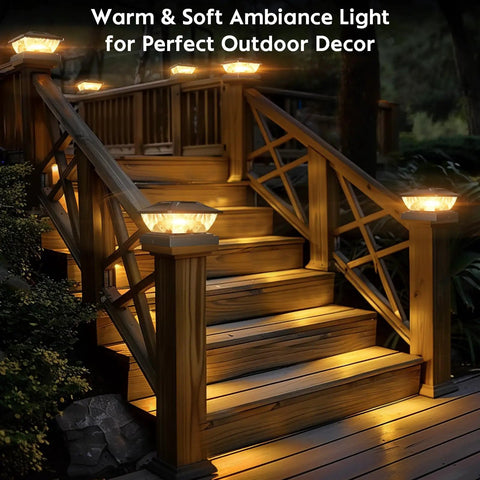 Wooden staircase with Outdoor Solar Post Cap Lights 6 Pack With Two Modes Warm White And Cool White IP65 Waterproof Deck Lighting