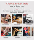 Image shows various hand tools: cross screwdriver, tape measure, claw hammer, utility knife, electric pen, and tiger pliers.