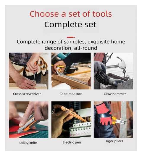 Image shows various hand tools: cross screwdriver, tape measure, claw hammer, utility knife, electric pen, and tiger pliers.